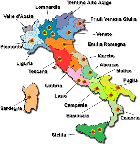 Mappa dell'Italia contrassegnata da piccoli girasoli