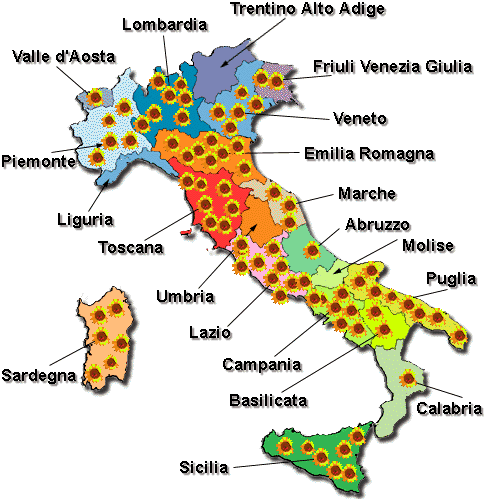 mappa Italia, contrassegnata da girasoli: indagine statistica albinismo in Italia.
